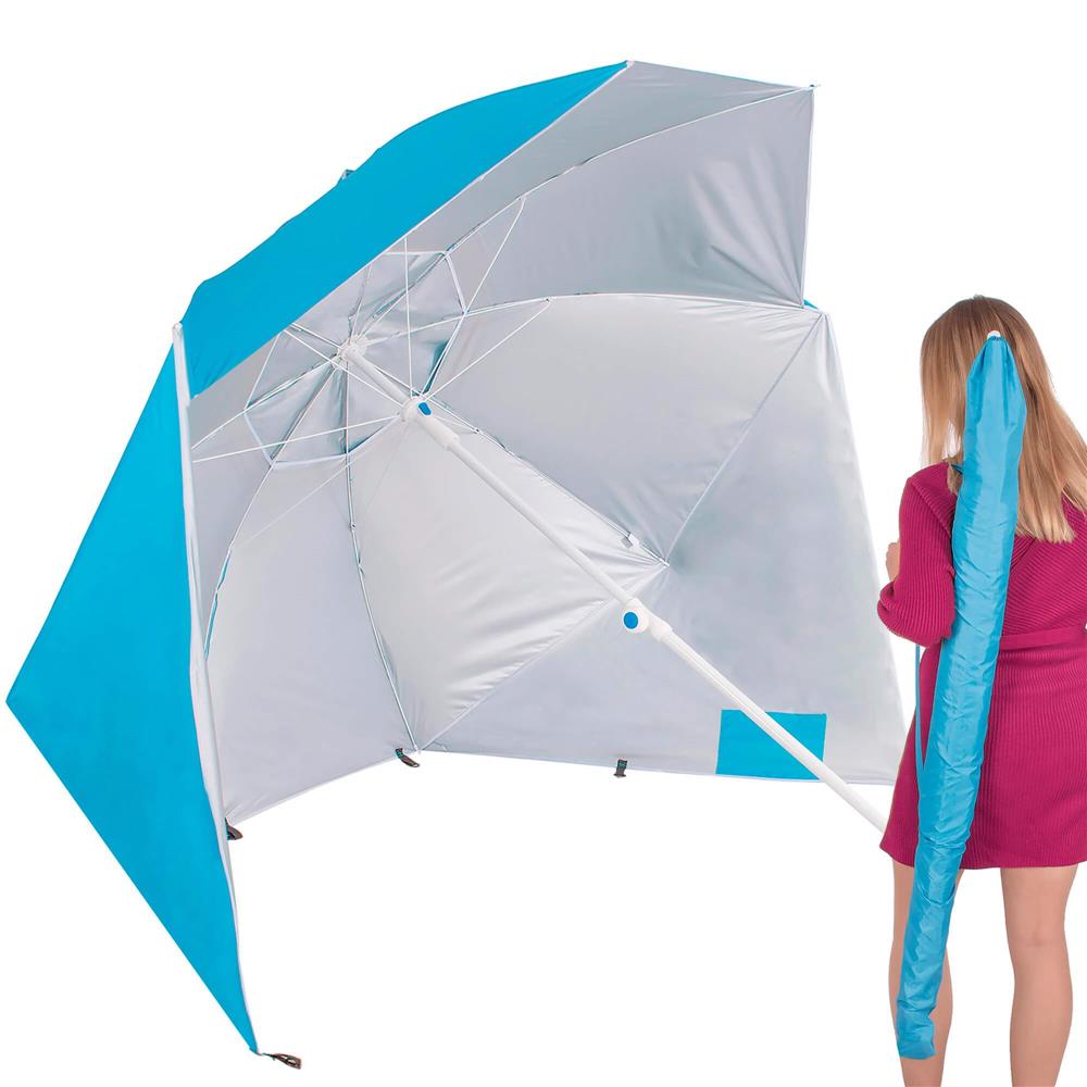 Umbrela tip cort de plaja XXL, cu 2 pereti laterali, protectie UV, inaltime reglabila 140-220 cm, albastru - imagine 3