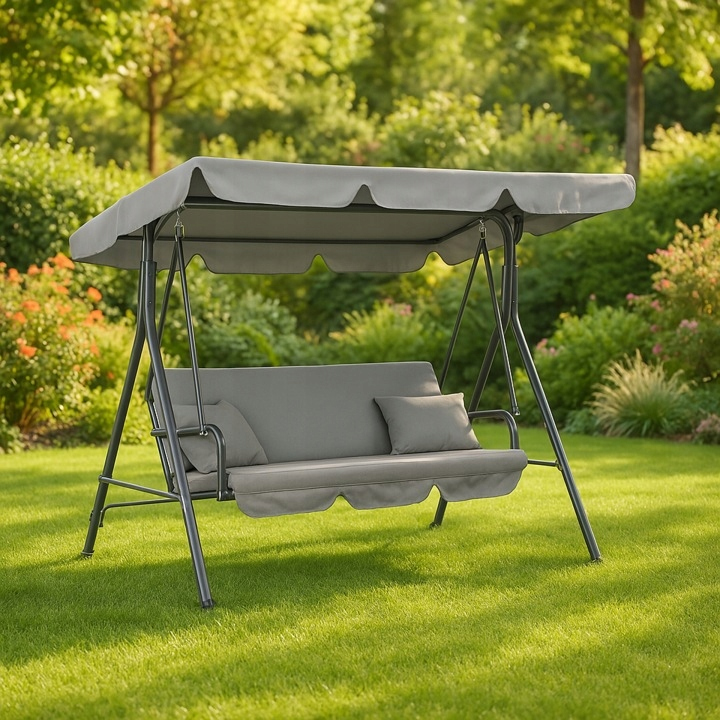 Balansoar de gradina 3 persoane, cu acoperis reglabil si perne incluse, 170x110x150 cm, gri - imagine 11