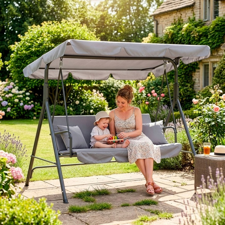 Balansoar de gradina 3 persoane, cu acoperis reglabil si perne incluse, 170x110x150 cm, gri - imagine 13