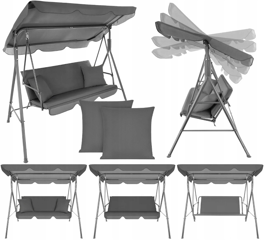 Balansoar de gradina 3 persoane, cu acoperis reglabil si perne incluse, 170x110x150 cm, gri - imagine 14