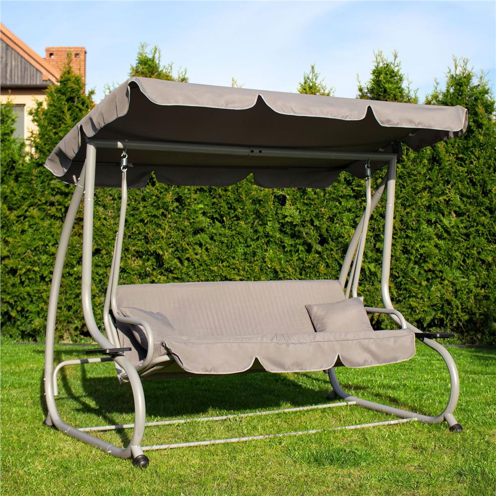 Balansoar gradina 3 locuri, extensibil tip pat, acoperis reglabil, 193x120x163 cm, gri - imagine 28