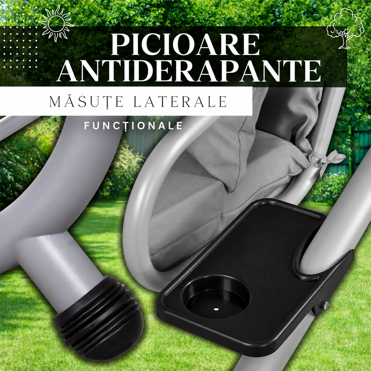 Balansoar gradina 3 locuri, extensibil tip pat, acoperis reglabil, 193x120x163 cm, gri - imagine 7