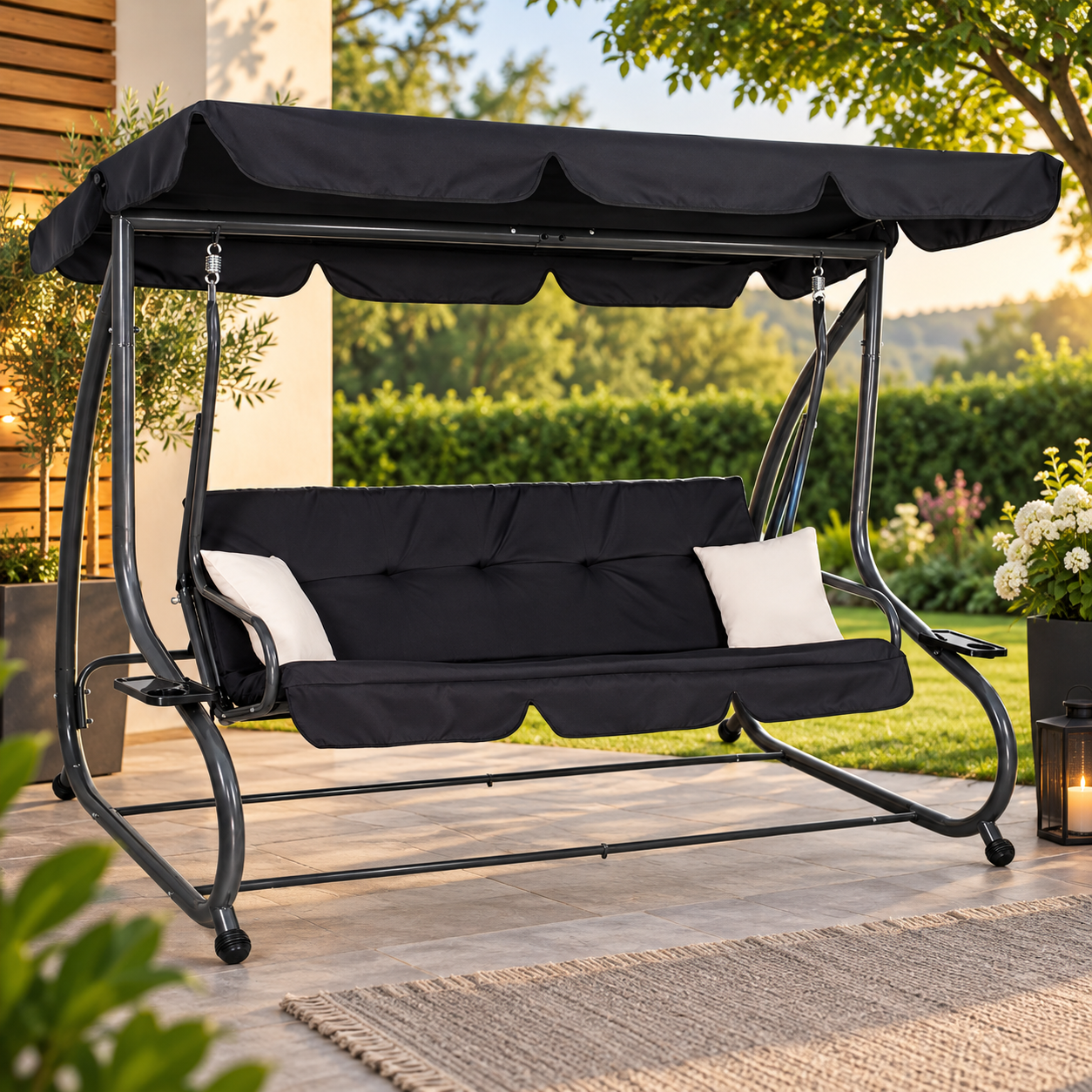 Balansoar gradina cu 4 locuri, functie pat, acoperis reglabil si impermeabil, structura otel, 220x120x162 cm, gri - imagine 16