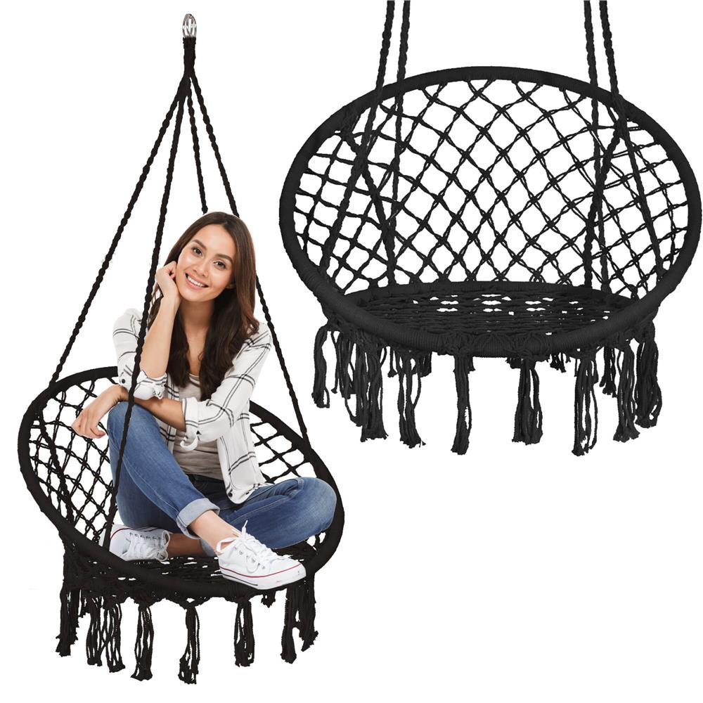 Hamac tip scaun suspendat, cu franjuri, 60x120 cm, capacitate 150 kg, negru - imagine 19