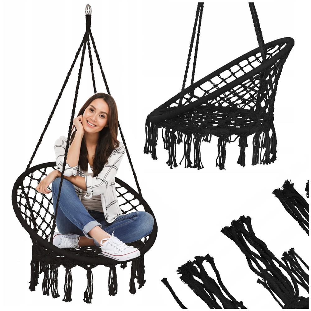 Hamac tip scaun suspendat, cu franjuri, 60x120 cm, capacitate 150 kg, negru - imagine 22