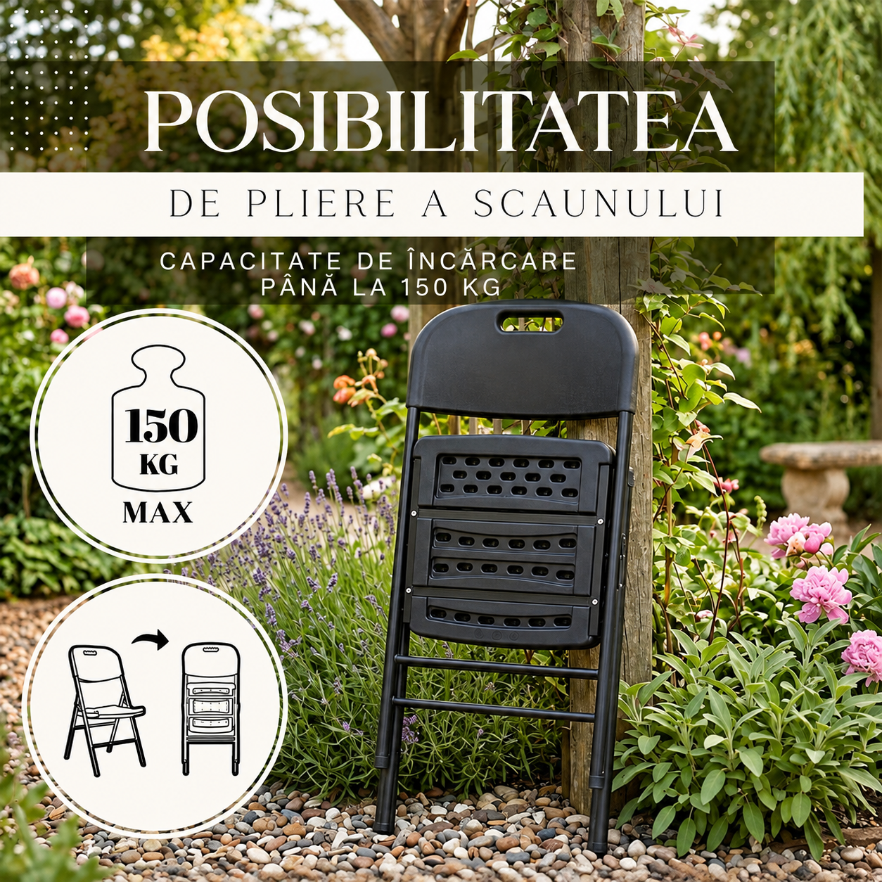 Scaun pliant din plastic pentru catering sau terasa, sarcina 150kg, negru - imagine 10