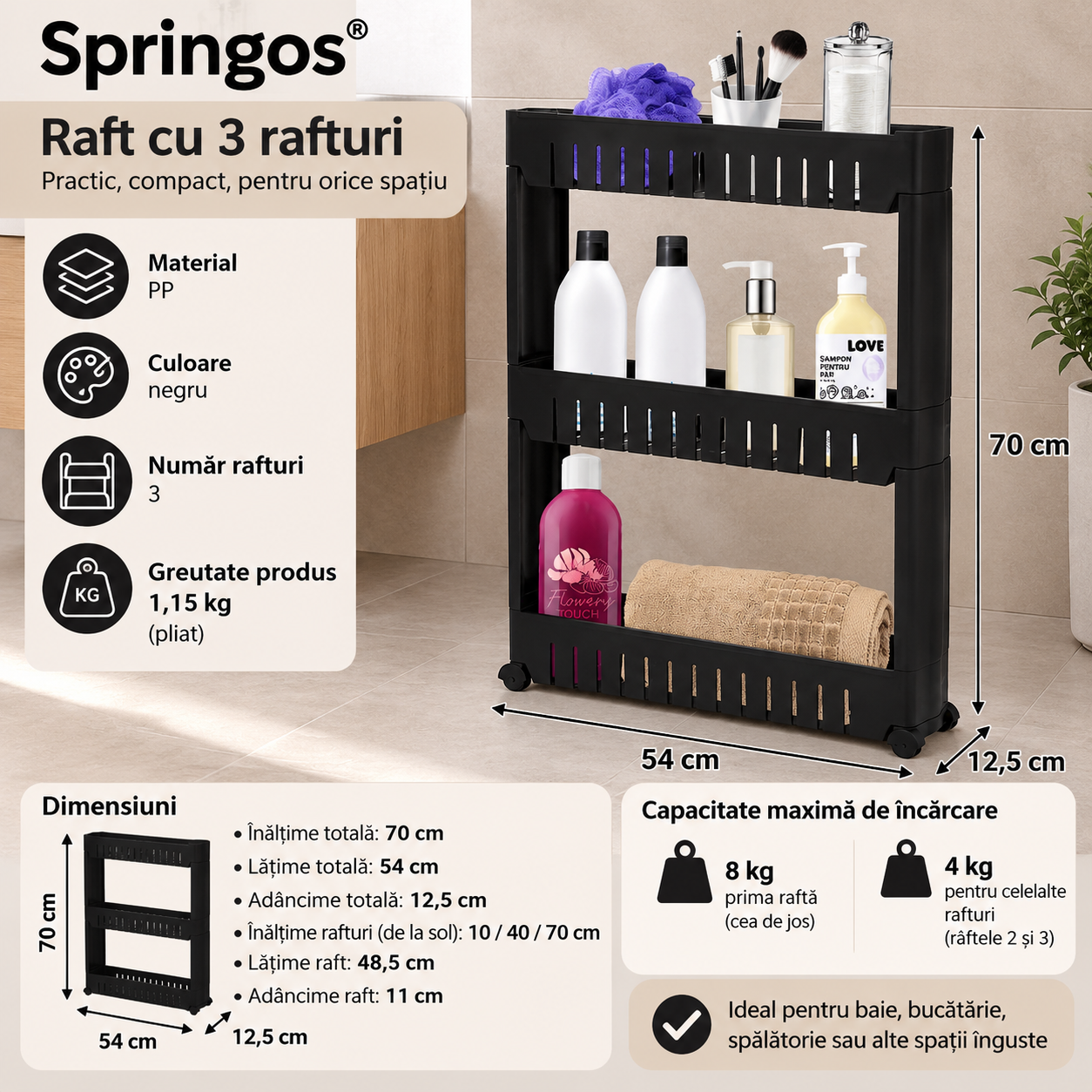 Raft ingust cu 3 niveluri, din PP, pentru baie sau bucatarie, 54x13x70 cm, negru - imagine 10