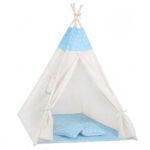 Cort copii Sersimo stil indian Teepee Tent cu fereastra, covoras gros si 2 perne, alb albastru