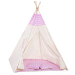 Cort copii Sersimo stil indian Teepee Tent cu fereastra, covoras gros si 2 perne, alb roz