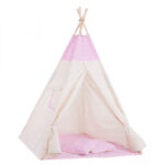 Cort copii Sersimo stil indian Teepee Tent cu fereastra, covoras gros si 2 perne, alb roz cu stelute