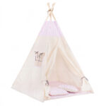 Cort copii Sersimo stil indian Teepee Tent cu fereastra, covoras gros si 2 perne, alb roz cu dungi