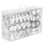 Set globuri si decoratiuni de Craciun, 77 piese, diverse dimensiuni, argintiu