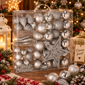 Set globuri si decoratiuni de Craciun, 51 piese, diverse dimensiuni, argintiu
