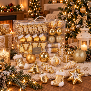 Set globuri si decoratiuni de Craciun, 77 piese, diverse dimensiuni, auriu