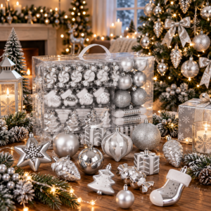 Set globuri si decoratiuni de Craciun, 77 piese, diverse dimensiuni, argintiu