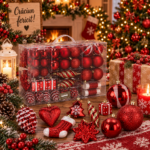 Set globuri si decoratiuni de Craciun, 72 piese, diverse dimensiuni, rosu