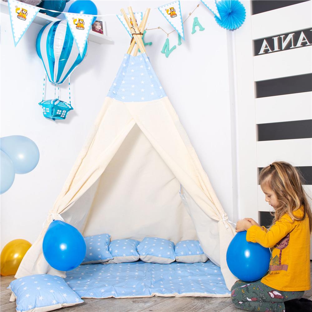 Cort de joaca pentru copii tip teepee, cu saltea si 2 perne, 120x100 cm, model albastru cu stelute - imagine 13