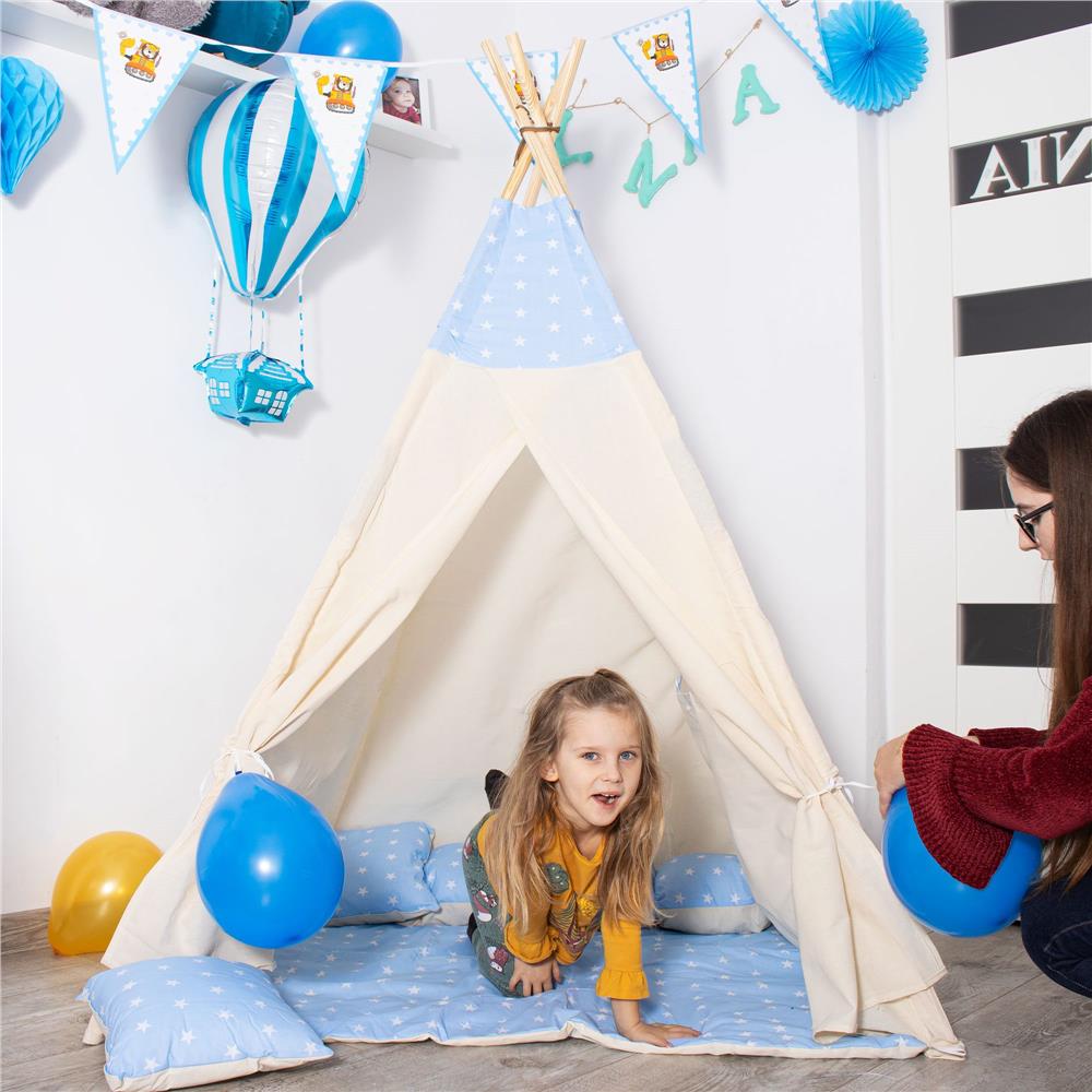 Cort de joaca pentru copii tip teepee, cu saltea si 2 perne, 120x100 cm, model albastru cu stelute - imagine 14
