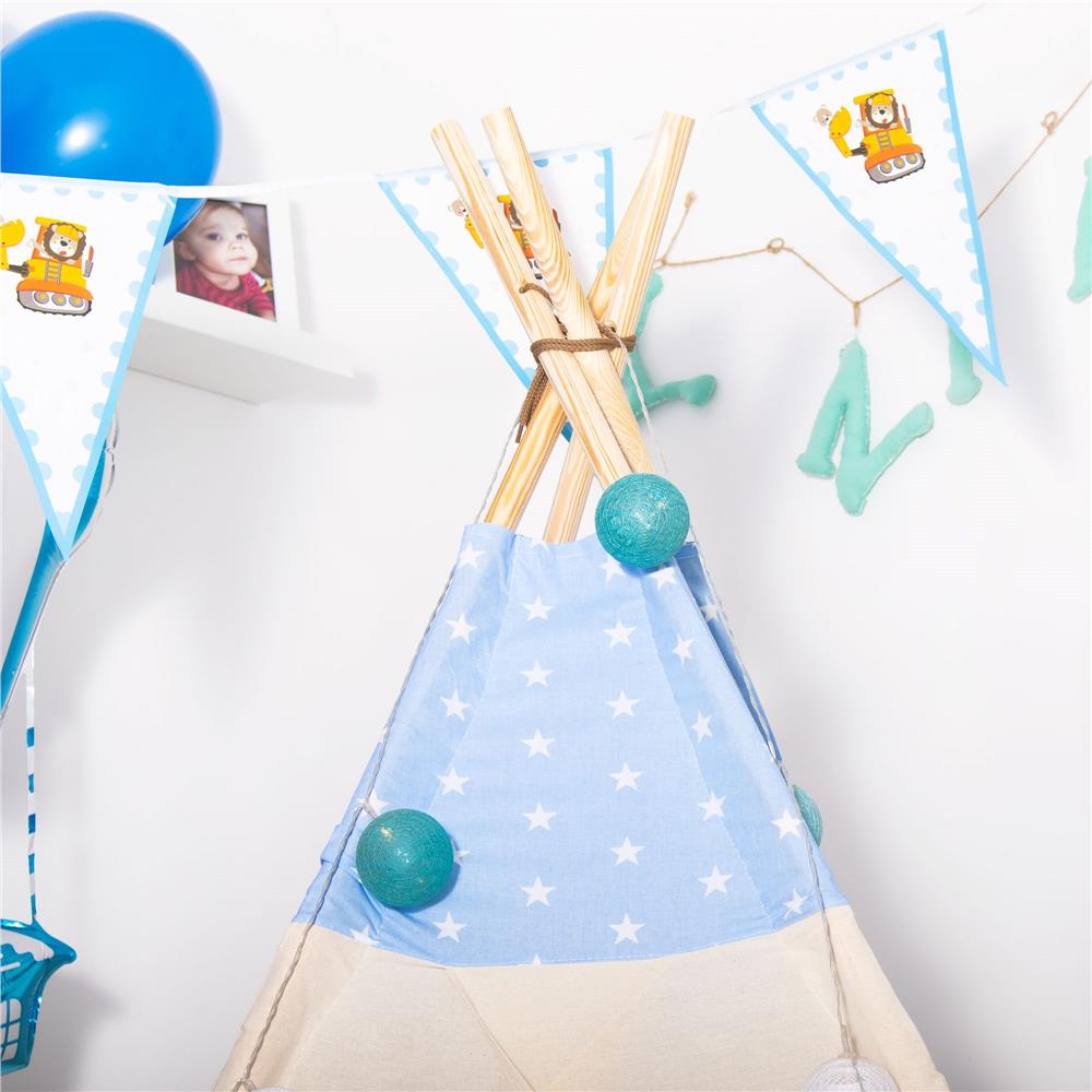Cort de joaca pentru copii tip teepee, cu saltea si 2 perne, 120x100 cm, model albastru cu stelute - imagine 15