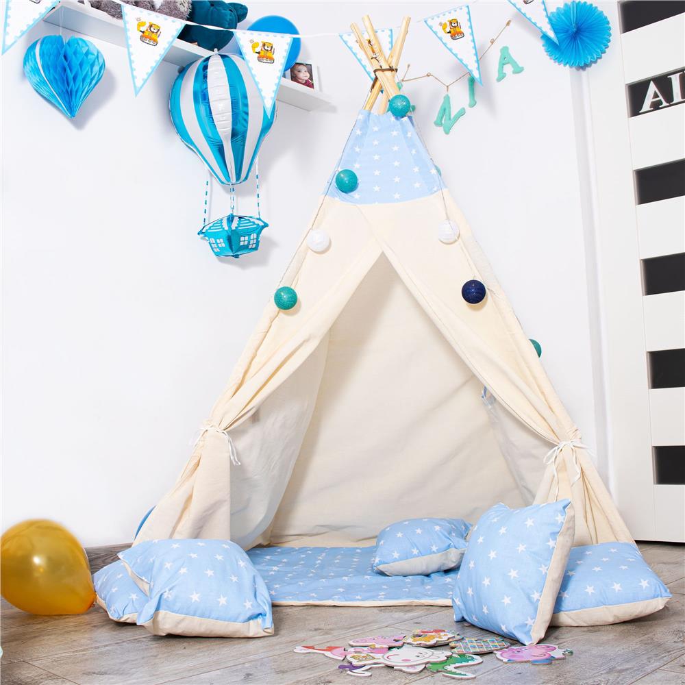 Cort de joaca pentru copii tip teepee, cu saltea si 2 perne, 120x100 cm, model albastru cu stelute - imagine 16