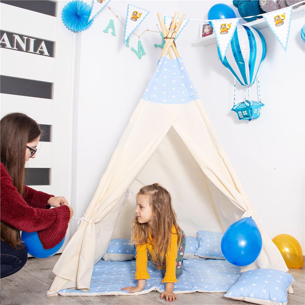 Cort de joaca pentru copii tip teepee, cu saltea si 2 perne, 120x100 cm, model albastru cu stelute - imagine 17