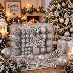 Set globuri si decoratiuni de Craciun, 100 piese, diverse dimensiuni cu stea, argintiu