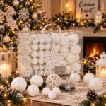 Set globuri si decoratiuni de Craciun, 100 piese, diverse dimensiuni cu stea, alb