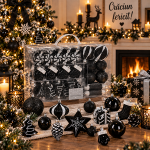 Set globuri si decoratiuni de Craciun, 77 piese, diverse dimensiuni, negru