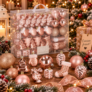 Set globuri si decoratiuni de Craciun, 77 piese, diverse dimensiuni, roz auriu