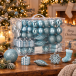 Set globuri si decoratiuni de Craciun, 72 piese, diverse dimensiuni, albastru
