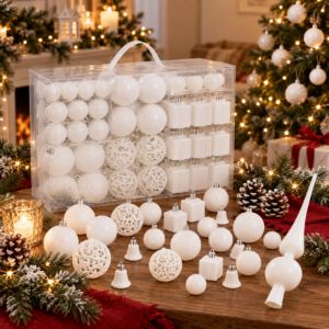 Set globuri si decoratiuni de Craciun, 101 piese, diverse dimensiuni, alb