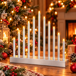 Sfesnic decorativ de Advent cu 33 lumanari LED, alb cald, argintiu