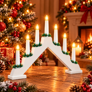 Sfesnic decorativ de Advent cu 7 lumanari LED si conuri, alb