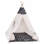 Cort copii Sersimo stil indian Teepee Tent cu fereastra, covoras gros si 2 perne, alb negru cu norisori