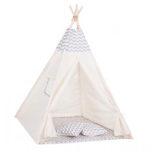 Cort copii Sersimo stil indian Teepee Tent cu fereastra, covoras gros si 2 perne, alb gri deschis zig zag
