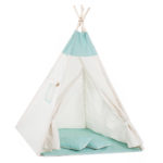 Cort copii Sersimo stil indian Teepee Tent cu fereastra, covoras gros si 2 perne, alb verde menta cu puncte
