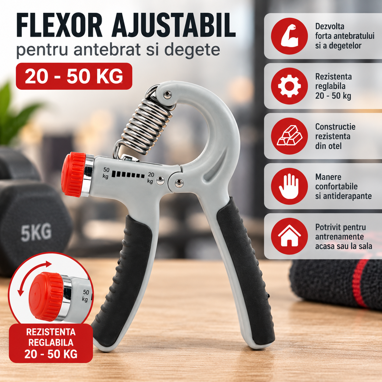 Flexor ajustabil pentru antebrat si degete, rezistenta 20-50 kg, manere antiderapante, negru/gri - imagine 5