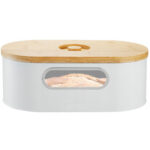 (DL) Cutie depozitare paine metal, cu capac bambus, 33x18x12 cm, alb si maro