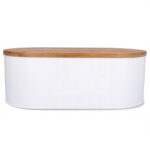 (DL) Cutie depozitare paine metal, cu capac bambus, 34x18x12 cm, alb si maro