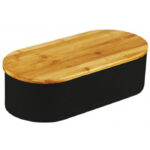 (DL) Cutie depozitare paine metal, cu capac bambus, 34x18x12 cm, negru si maro