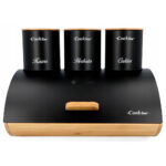 (DL) Set cutie depozitare paine si 3 recipiente rotunde, metalica cu capac din bambus, negru si maro
