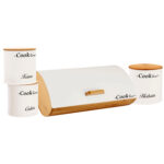 (DL) Set cutie depozitare paine si 3 recipiente rotunde, metalica cu capac din bambus, alb si maro