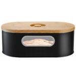 (DL) Cutie depozitare paine metal, cu capac bambus, 33x18x12 cm, negru si maro