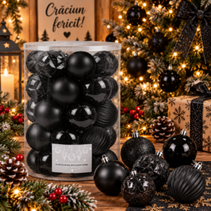 Set globuri de Craciun, 30 bucati, 8cm, 6 modele, negru