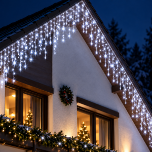 Ghirlanda luminoasa tip perdea 300 LED-uri, 12m, pentru interior/exterior, cu flash, iluminare alba