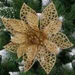 Set 10 ornamente pentru bradul de Craciun, stea Poinsettia, 14cm, auriu