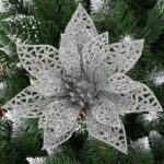Set 10 ornamente pentru bradul de Craciun, stea Poinsettia, 10cm, argintiu