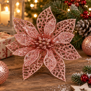 Set 10 ornamente pentru bradul de Craciun, stea Poinsettia, 10 cm, roz