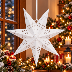 Stea decorativa 3D din hartie ajurata, 50 cm, alba