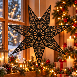 Stea decorativa 3D din hartie si pasla ajurata, 50 cm, neagra